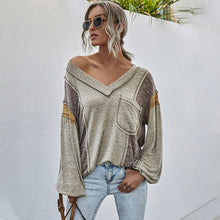 Load image into Gallery viewer, Winter New Women Autumn T-Shirt Fashion Splicing Sexy V Neck Pocket Design Lantern Sleeve Tees Casual Loose Female Tops