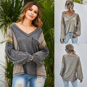 Winter New Women Autumn T-Shirt Fashion Splicing Sexy V Neck Pocket Design Lantern Sleeve Tees Casual Loose Female Tops