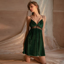 Load image into Gallery viewer, Winter Nightgowns Women Sexy Lingerie Sleepwear Deep V Velvet Stitched Lace Backless Suspender Nightdress Home Clothes