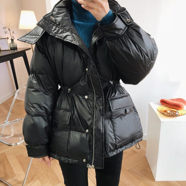 Winter Padded Coat Warm Femme Hooded Parka Cotton-Padded Clothes Waisted Simple Women Jackets Buttons Zipper Female Casual Coats