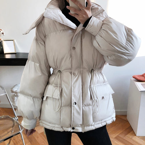 Winter Padded Coat Warm Femme Hooded Parka Cotton-Padded Clothes Waisted Simple Women Jackets Buttons Zipper Female Casual Coats