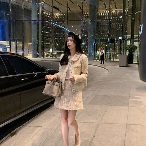 Winter Suits Female Temperament Pink Tweed Jacket + Slim Skirt 2-Piece Sets Single Breasted Cute Women