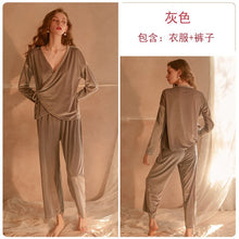 Load image into Gallery viewer, Winter Sweet Velvet Pajama Sleepwear For Women Lace-up Solid Long-sleeved Trouser Homewear Suit Red Christmas Pajama Party 2Pcs