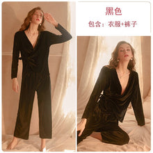 Load image into Gallery viewer, Winter Sweet Velvet Pajama Sleepwear For Women Lace-up Solid Long-sleeved Trouser Homewear Suit Red Christmas Pajama Party 2Pcs