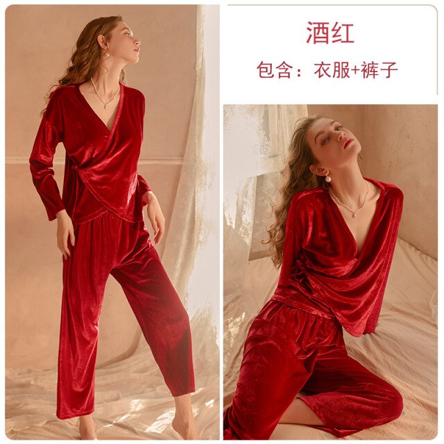 Winter Sweet Velvet Pajama Sleepwear For Women Lace-up Solid Long-sleeved Trouser Homewear Suit Red Christmas Pajama Party 2Pcs