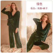 Load image into Gallery viewer, Winter Sweet Velvet Pajama Sleepwear For Women Lace-up Solid Long-sleeved Trouser Homewear Suit Red Christmas Pajama Party 2Pcs