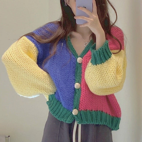 Winter Warm Knitted Sweater Cardigan Women Y2K Colourful Patchwork Sweater Coat Female Korean Fashion Oversized Cardigan 2021