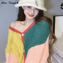 Load image into Gallery viewer, Winter Warm Knitted Sweater Cardigan Women Y2K Colourful Patchwork Sweater Coat Female Korean Fashion Oversized Cardigan 2021