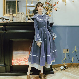 Winter Women Cloak Coat Outwear Vintage Chinese Style Blue Embroidery Flare Sleeve Wool Blends Long Design Thick Retro Coats