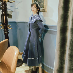 Winter Women Cloak Coat Outwear Vintage Chinese Style Blue Embroidery Flare Sleeve Wool Blends Long Design Thick Retro Coats