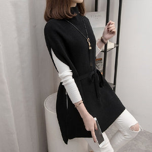 Winter Women Sweater Vest Short Sleeve Women Sweater 2021 Belt Turtleneck Knitted Sweater Women Pullovers Sweaters Tops E474