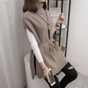 Winter Women Sweater Vest Short Sleeve Women Sweater 2021 Belt Turtleneck Knitted Sweater Women Pullovers Sweaters Tops E474