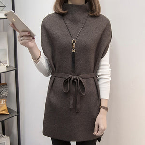 Winter Women Sweater Vest Short Sleeve Women Sweater 2021 Belt Turtleneck Knitted Sweater Women Pullovers Sweaters Tops E474
