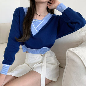 Winter Women V-Neck Pullovers Knitted Sweaters Loose Solid Short Style Ladies Korean Casual Long Sleeve Sueter Mujer Female