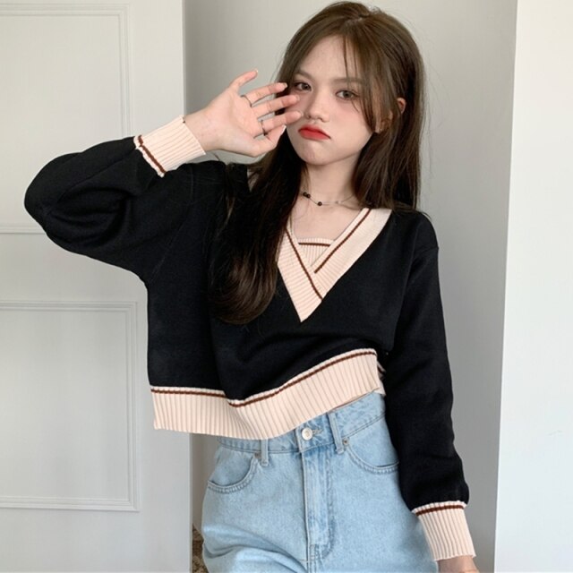 Winter Women V-Neck Pullovers Knitted Sweaters Loose Solid Short Style Ladies Korean Casual Long Sleeve Sueter Mujer Female