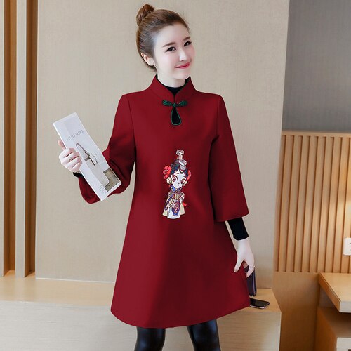 Winter Woolen Improved Cheongsam Women Long Sleeve Stand Collar Retro Buckle Embroidery Chinese Style Mini Dress Female Clothes