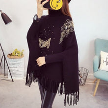 Load image into Gallery viewer, Winter high-neck lazy sweater women loose bat-sleeved jacket sweater cloak-style shawl tassel plus size autumn clothes tops
