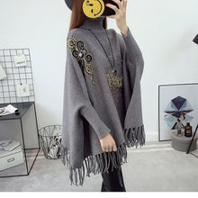 Load image into Gallery viewer, Winter high-neck lazy sweater women loose bat-sleeved jacket sweater cloak-style shawl tassel plus size autumn clothes tops