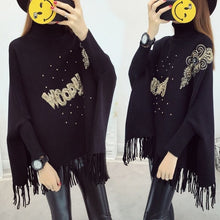 Load image into Gallery viewer, Winter high-neck lazy sweater women loose bat-sleeved jacket sweater cloak-style shawl tassel plus size autumn clothes tops