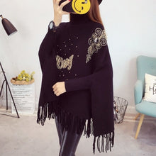 Load image into Gallery viewer, Winter high-neck lazy sweater women loose bat-sleeved jacket sweater cloak-style shawl tassel plus size autumn clothes tops
