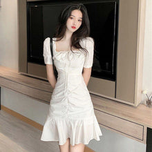 Load image into Gallery viewer, Woman Dress Casual Ruffled Lace-up Square Neck High Waist White Fishtail Elegant French Chic Office Style Mini Dress Vestidos