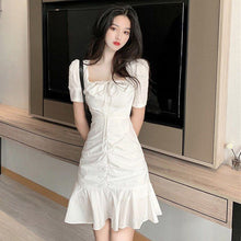 Load image into Gallery viewer, Woman Dress Casual Ruffled Lace-up Square Neck High Waist White Fishtail Elegant French Chic Office Style Mini Dress Vestidos
