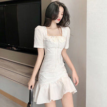 Load image into Gallery viewer, Woman Dress Casual Ruffled Lace-up Square Neck High Waist White Fishtail Elegant French Chic Office Style Mini Dress Vestidos