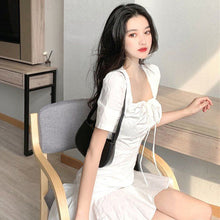 Load image into Gallery viewer, Woman Dress Casual Ruffled Lace-up Square Neck High Waist White Fishtail Elegant French Chic Office Style Mini Dress Vestidos