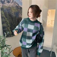 Load image into Gallery viewer, Woman Sweaters 2021 Autumn New Korean Fashion Casual Wild Round Neck Loose Lattice Plaid Pattern Long-sleeved Knitted Sweater