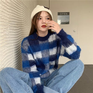 Woman Sweaters 2021 Autumn New Korean Fashion Casual Wild Round Neck Loose Lattice Plaid Pattern Long-sleeved Knitted Sweater
