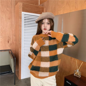 Woman Sweaters 2021 Autumn New Korean Fashion Casual Wild Round Neck Loose Lattice Plaid Pattern Long-sleeved Knitted Sweater