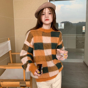 Woman Sweaters 2021 Autumn New Korean Fashion Casual Wild Round Neck Loose Lattice Plaid Pattern Long-sleeved Knitted Sweater