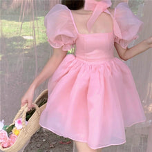 Load image into Gallery viewer, Woman Sweet Pink Dress 2021 Summer Retro Elegant Square Collar Puff Sleeve Fluffy Dress Korean Organza Mini Princess Dress