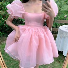 Load image into Gallery viewer, Woman Sweet Pink Dress 2021 Summer Retro Elegant Square Collar Puff Sleeve Fluffy Dress Korean Organza Mini Princess Dress