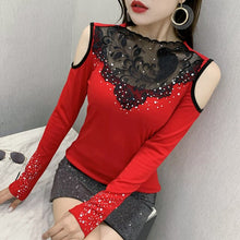 Load image into Gallery viewer, Woman tshirts New 2021 Spring Fashion Casual Long Sleeve Lace Tops And Shirt Elegant Slim Sexy Hollow Out Hot drilling T-Shirt