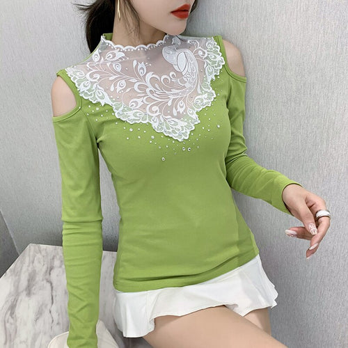Woman tshirts New 2021 Spring Fashion Casual Long Sleeve Lace Tops And Shirt Elegant Slim Sexy Hollow Out Hot drilling T-Shirt