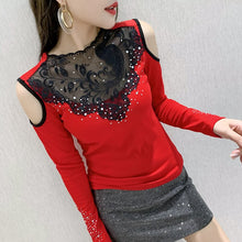 Load image into Gallery viewer, Woman tshirts New 2021 Spring Fashion Casual Long Sleeve Lace Tops And Shirt Elegant Slim Sexy Hollow Out Hot drilling T-Shirt