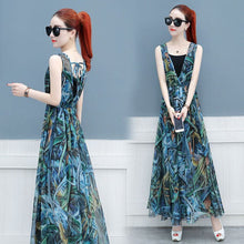 Load image into Gallery viewer, Women 2021 Summer Flower Print Two Pieces Set Office Lady V-Neck Sleeveless Bodycon Long Dress &amp; Spaghetti Strap Dress Suit W407