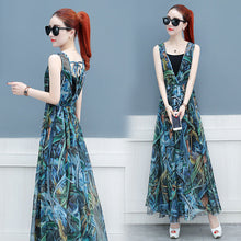 Load image into Gallery viewer, Women 2021 Summer Flower Print Two Pieces Set Office Lady V-Neck Sleeveless Bodycon Long Dress &amp; Spaghetti Strap Dress Suit W407