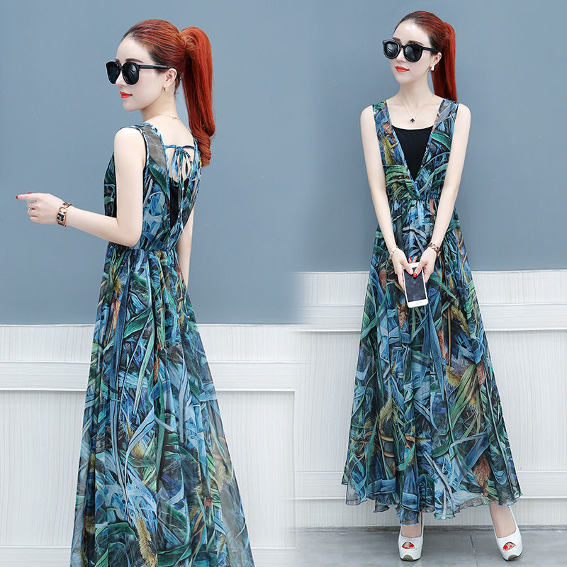 Women 2021 Summer Flower Print Two Pieces Set Office Lady V-Neck Sleeveless Bodycon Long Dress & Spaghetti Strap Dress Suit W407