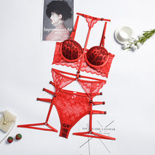 Load image into Gallery viewer, Women 3-Piece Mesh Push Up Sexy Halter Underwear Underwire Ladies Lingerie Bra and Briefs Set with Garters Sensual Lingerie Set