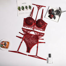 Load image into Gallery viewer, Women 3-Piece Mesh Push Up Sexy Halter Underwear Underwire Ladies Lingerie Bra and Briefs Set with Garters Sensual Lingerie Set