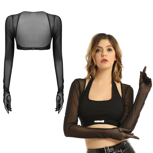 Women Aldult Sexy Summer See-through Mesh Gloves Tops Sun Protection Long Sleeve Open Front Buckle Crop Top Clubwear
