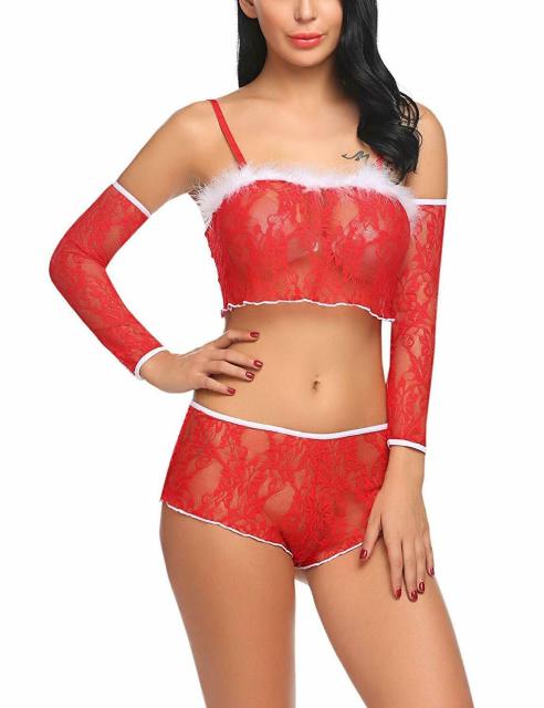 Women Angel Sexy Christmas Costumes Mrs Santa Claus Babe Role Play  Crop Top Shorts Hot Lingerie Set