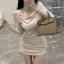 Load image into Gallery viewer, Women Autumn 2023 Korean Style Drawstring Side Tight-fitting Long-sleeved Retro Dress Slim  Irregular Dress
