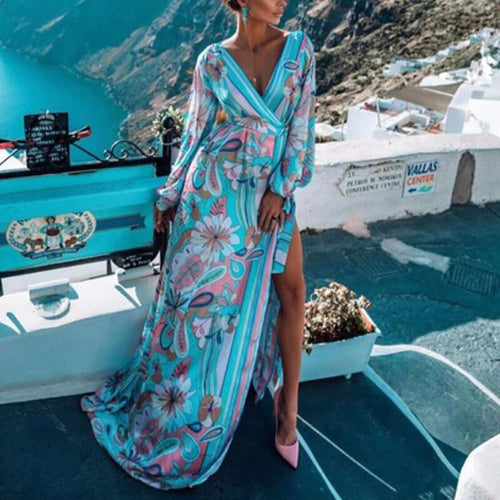 Women Autumn Beach Style Long Sleeve Elegant Party Dress Sexy Lady Deep V Neck Split Long Dress Retro Flower Print Loose Dress