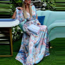 Load image into Gallery viewer, Women Autumn Beach Style Long Sleeve Elegant Party Dress Sexy Lady Deep V Neck Split Long Dress Retro Flower Print Loose Dress