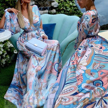 Load image into Gallery viewer, Women Autumn Beach Style Long Sleeve Elegant Party Dress Sexy Lady Deep V Neck Split Long Dress Retro Flower Print Loose Dress