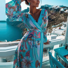 Load image into Gallery viewer, Women Autumn Beach Style Long Sleeve Elegant Party Dress Sexy Lady Deep V Neck Split Long Dress Retro Flower Print Loose Dress