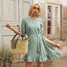 Load image into Gallery viewer, Women Autumn Dot Printed Dress Seven Sleeve O neck Elegant Ruffle A-line Mini Dress 2021 New Fashion Casual Bohemian Beach Dress